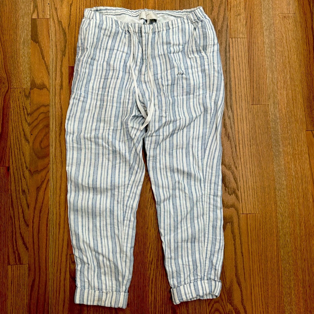 Joie Linen Pants Blue & White Striped Tapered Cuffed Hem Size Small